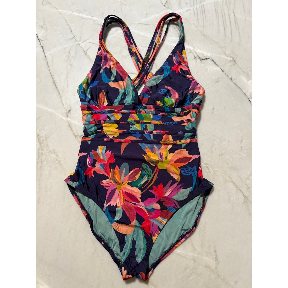 La Blanca By The Sea Floral One Piece Swimsuit Cross Back Straps Ruched V-Neck